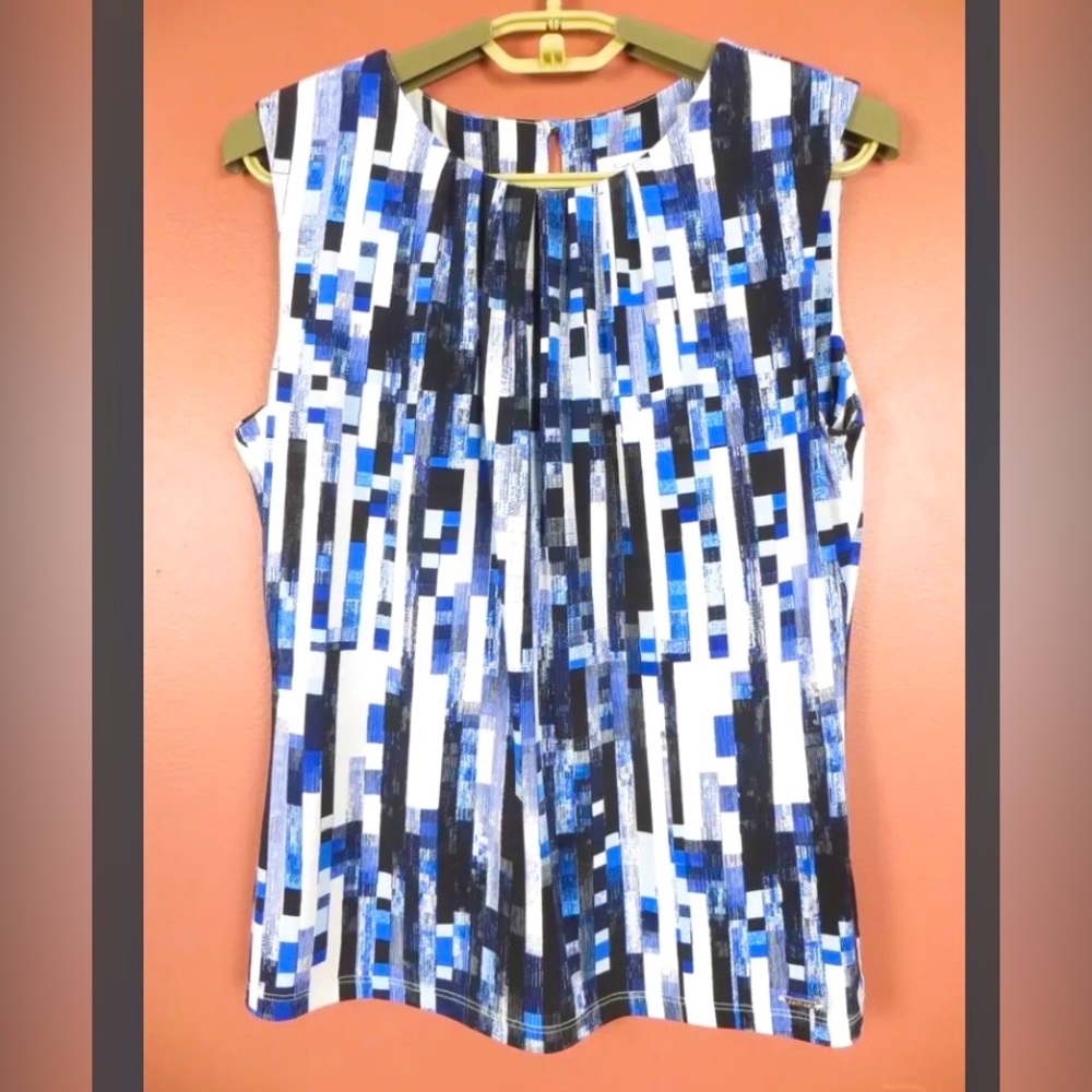 NEW CALVIN KLEIN Women Stretch Comfy Poly Tank
Top Blouse Blue-Multi Geo, Size S